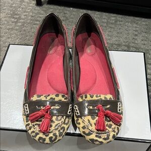Sperry Leopard Print Loafers with Red Tassels
